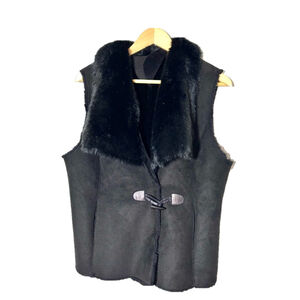 Black shearling vest faux fur suede leather zozo size large 2 button